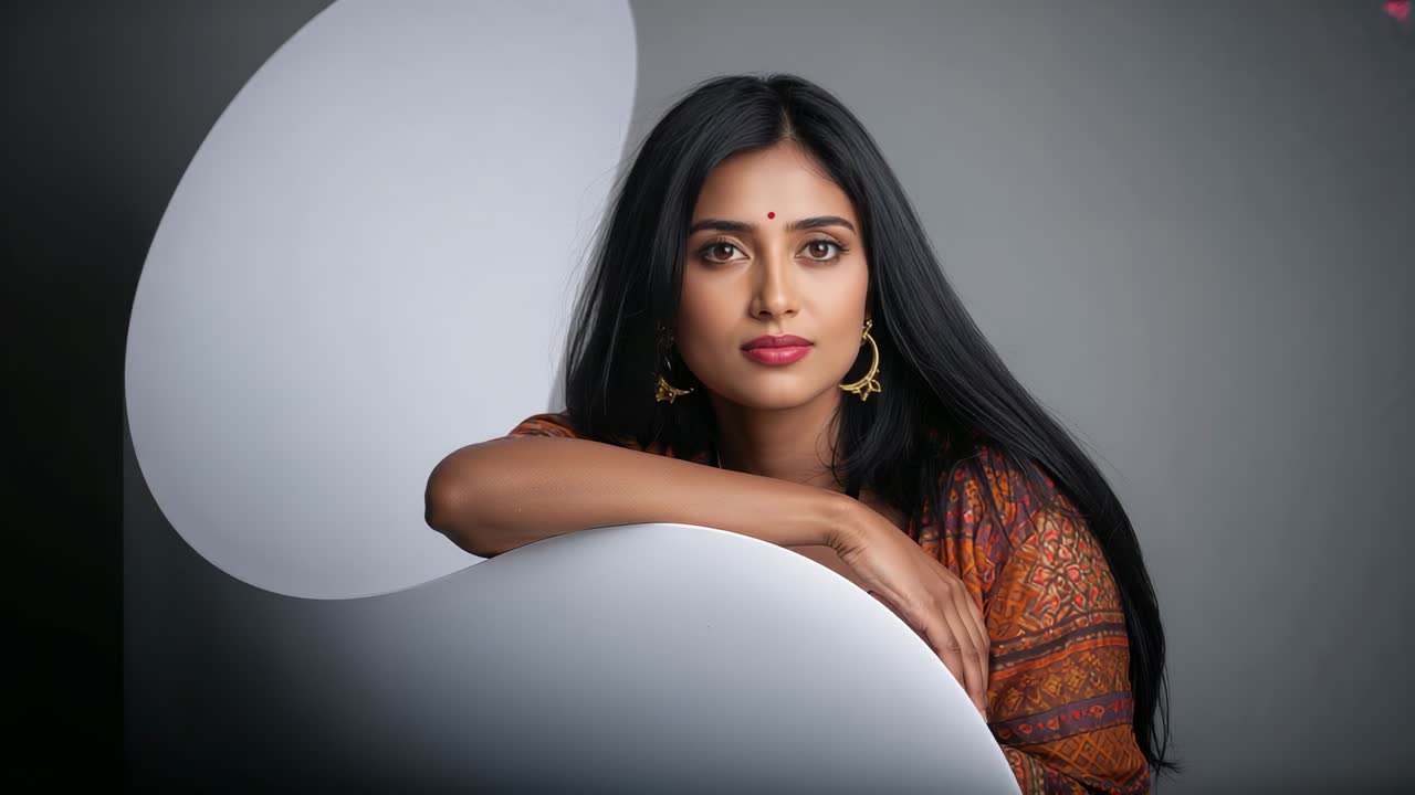 Indisches Model, das sich für eine Porträtaufnahme im Studio auf eine weiße, gebogene Requisite stützt, den Kopf neigt und die Augen schließt