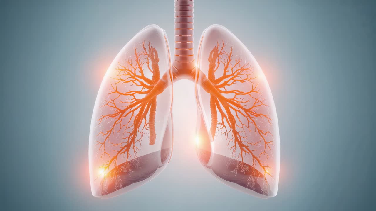 Polmoni pulsanti, trachea che mostra i punti di accesso del flusso d'aria bronchiale su sfondo grigio con animazione iniziale