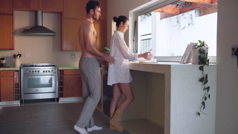 bake, love or happy couple hug in kitchen