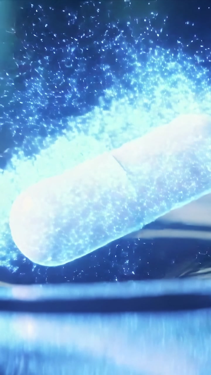 Vertical video: Tilting white capsule striking shallow reflective pool, forming blue particle cloud