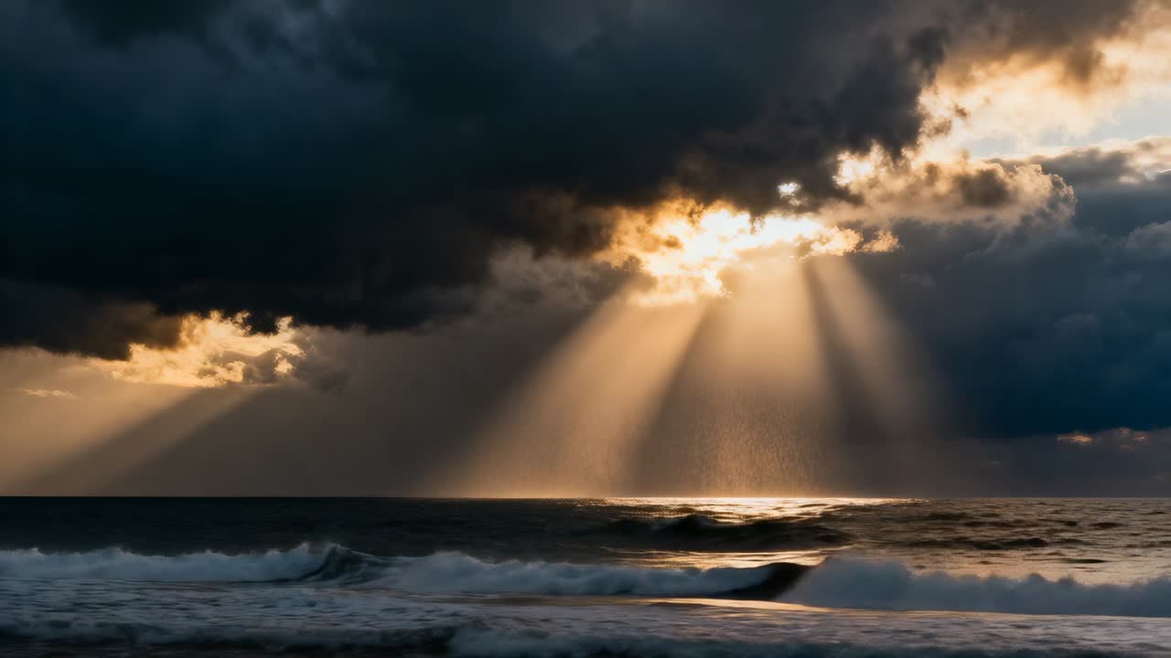 Squarcio tra le nuvole che proietta raggi di sole, oceano che si muove e si infrange sulla riva, creando una zona luminosa sull'orizzonte.