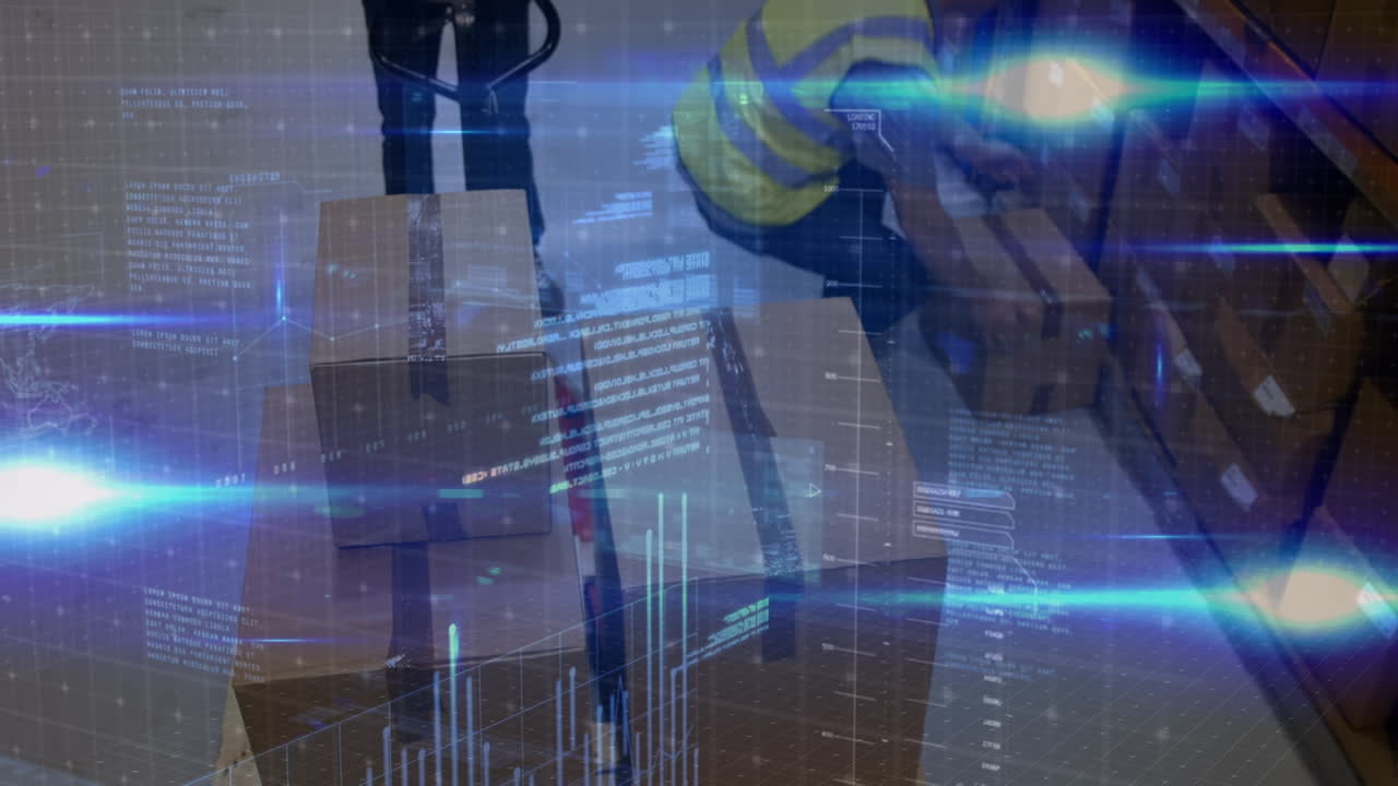 animación de la interfaz digital sobre los trabajadores del almacén caucásico