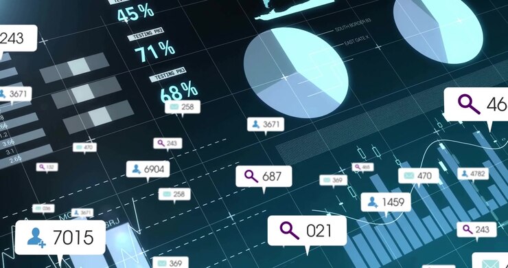 Loading dashboard animating gauge 76% to 53% while chart shifting, tags floating for analytics