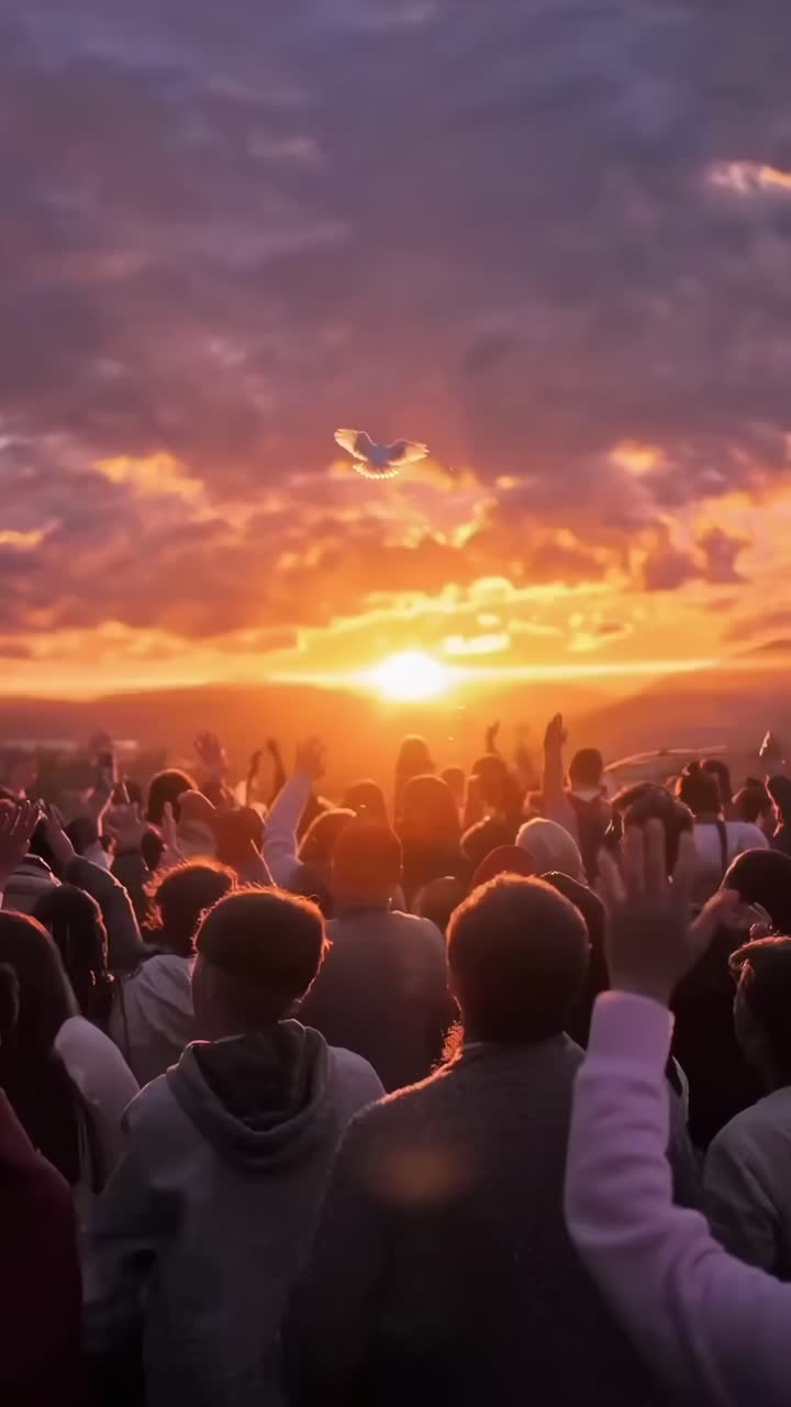 Video captures a crowd with raised hands at sunset, shot from a low angle, evoking unity