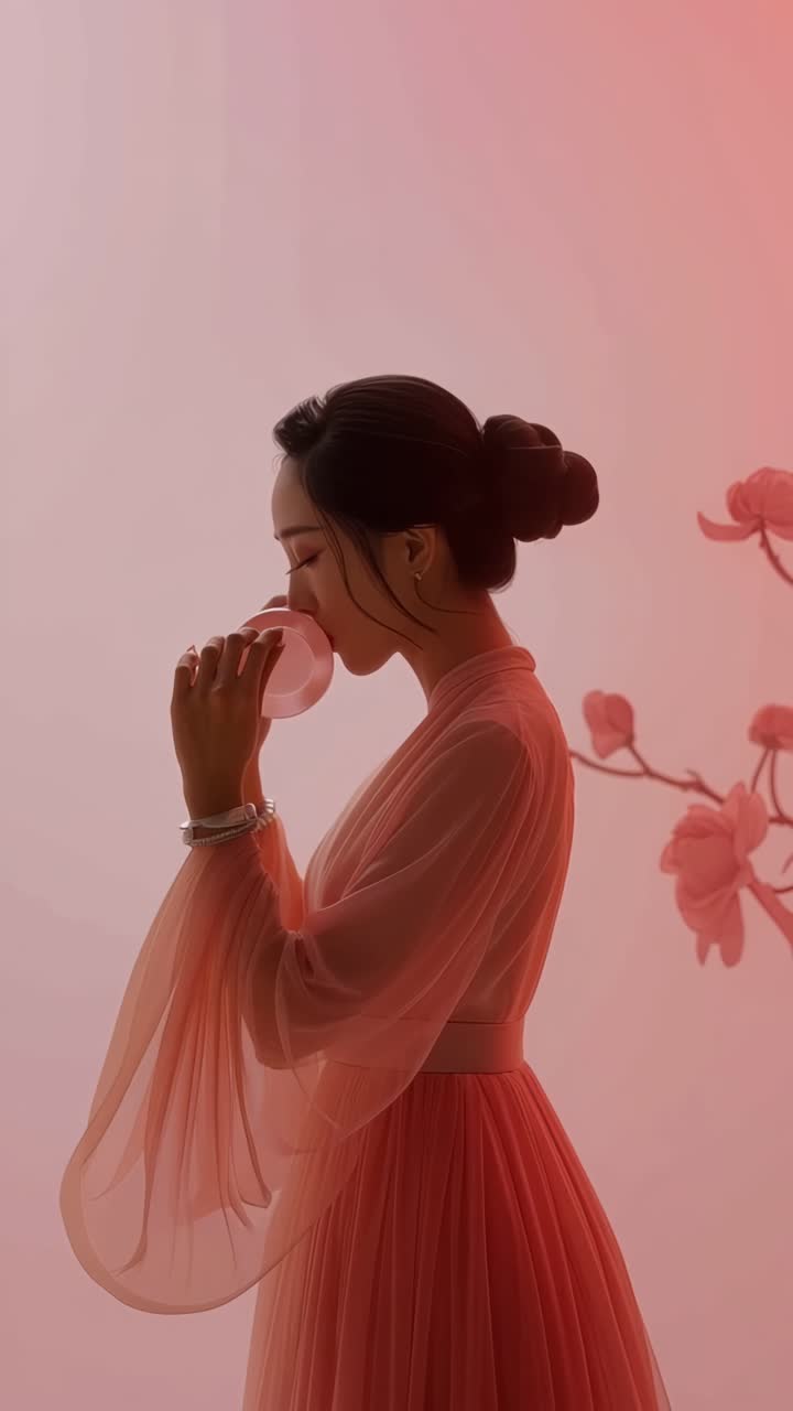 Elegante donna asiatica in abito tradizionale rosa che tiene una piccola tazza