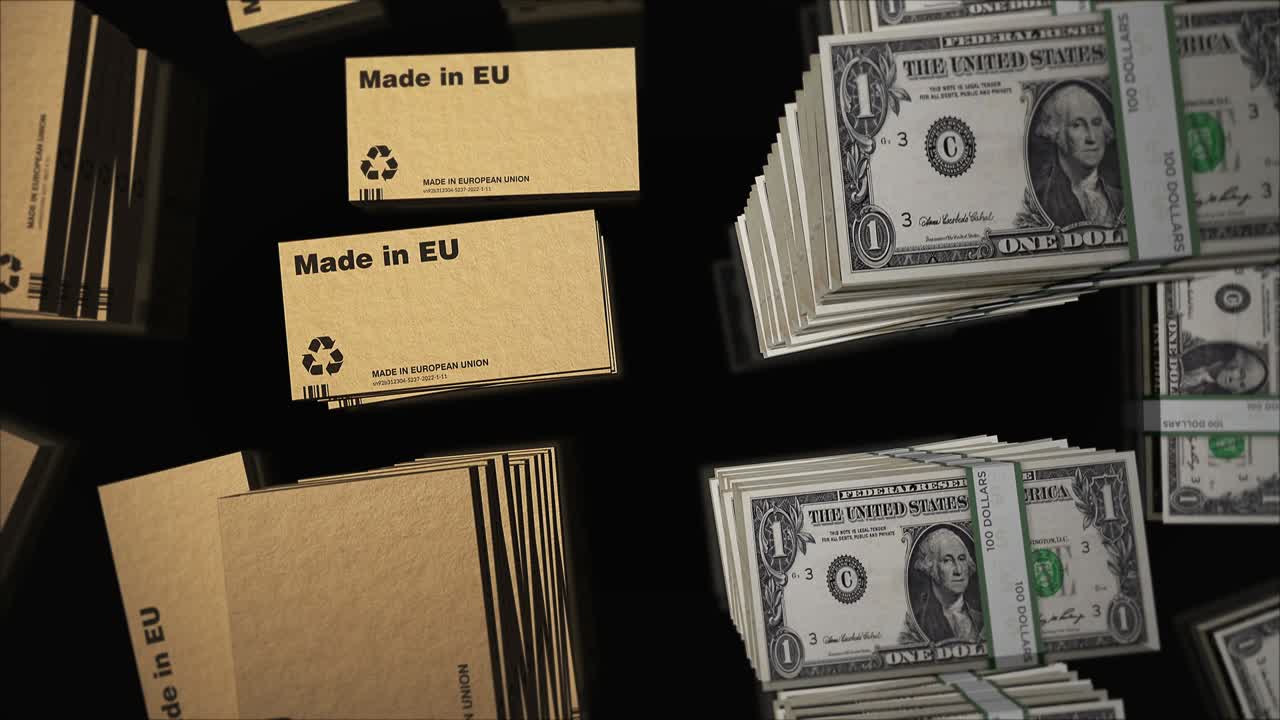 3D-Loop-Animation einer „Made in EU“-Box und eines EU-Dollar-Geldbündels