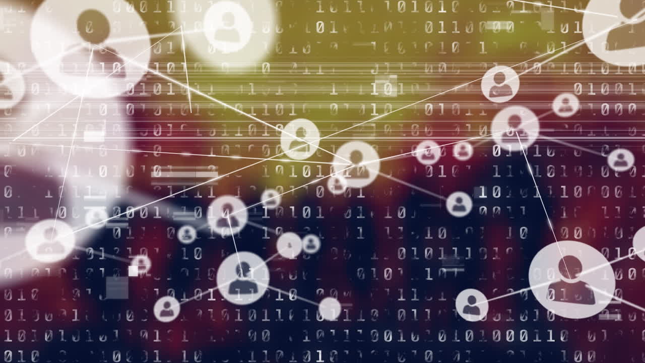 Animation of network of connections with icons over data processing on blurred background