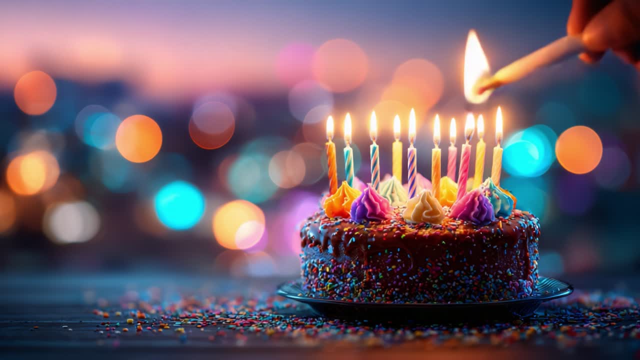 Una torta decorata in modo splendido con candeline colorate illuminate da fiammelle tremolanti in un vivace sfondo sfocato di festa e gioia