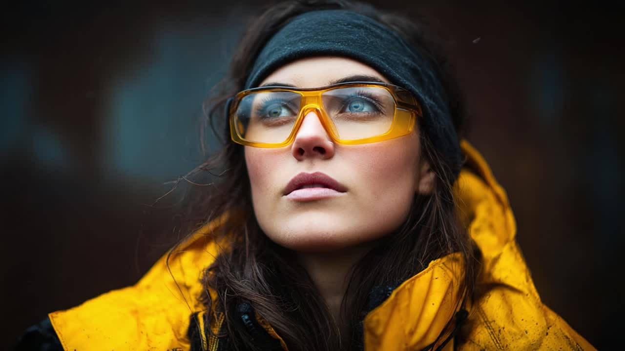 A contemplative young woman with captivating blue eyes and stylish yellow safety glasses gazes upward, wrapped in a vibrant yellow jacket, exuding a sense of focused determination