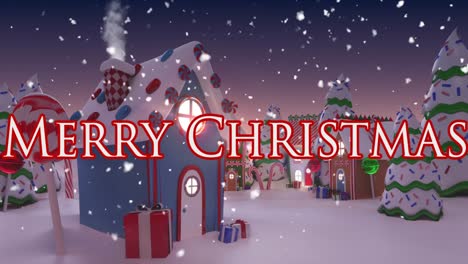 Texto-De-Feliz-Navidad-Y-Nieve-Cayendo-Sobre-El-Paisaje-Invernal.