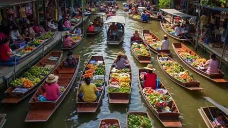 colorful market scene at floating bazaar with vendors selling fresh fruits and vegetables from traditional boats on a serene waterway