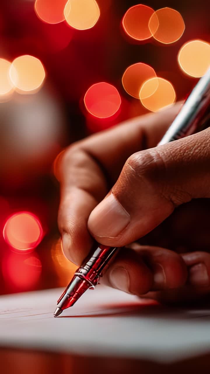 A Person's Hand Holding a Pen, Carefully Writing on Paper, Surrounded by Beautifully Blurred Background of Glowing Red and Orange Lights, Creating a Warm, Festive Atmosphere for Personal Reflection and Creativity