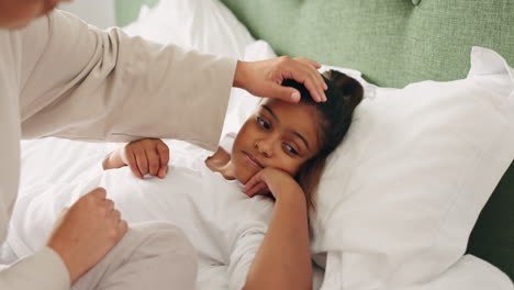 sick, bedroom and mom care for child with flu