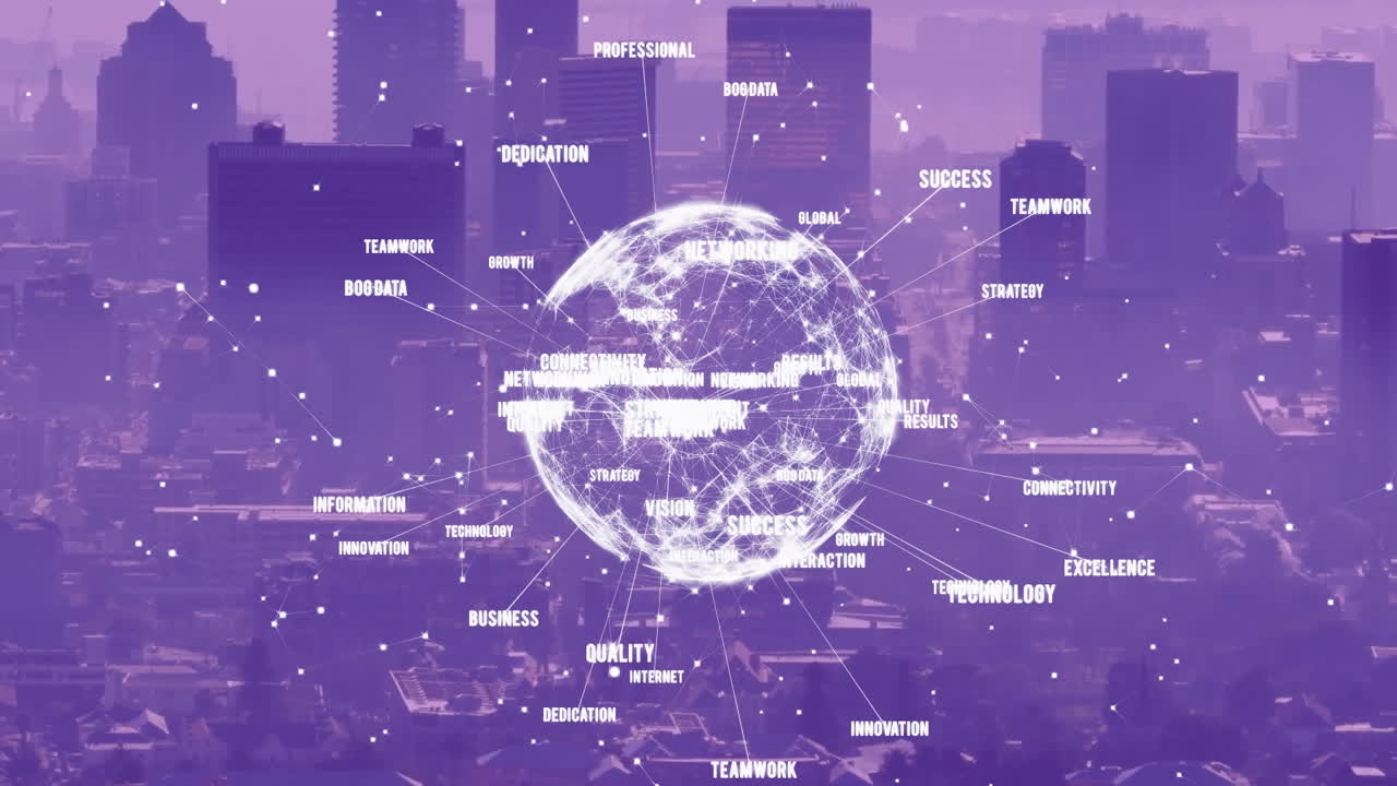 Animazione di Testi Multipli Attorno a un Globo Rotante su Paesaggio Urbano Moderno Coperto dalla Nebbia