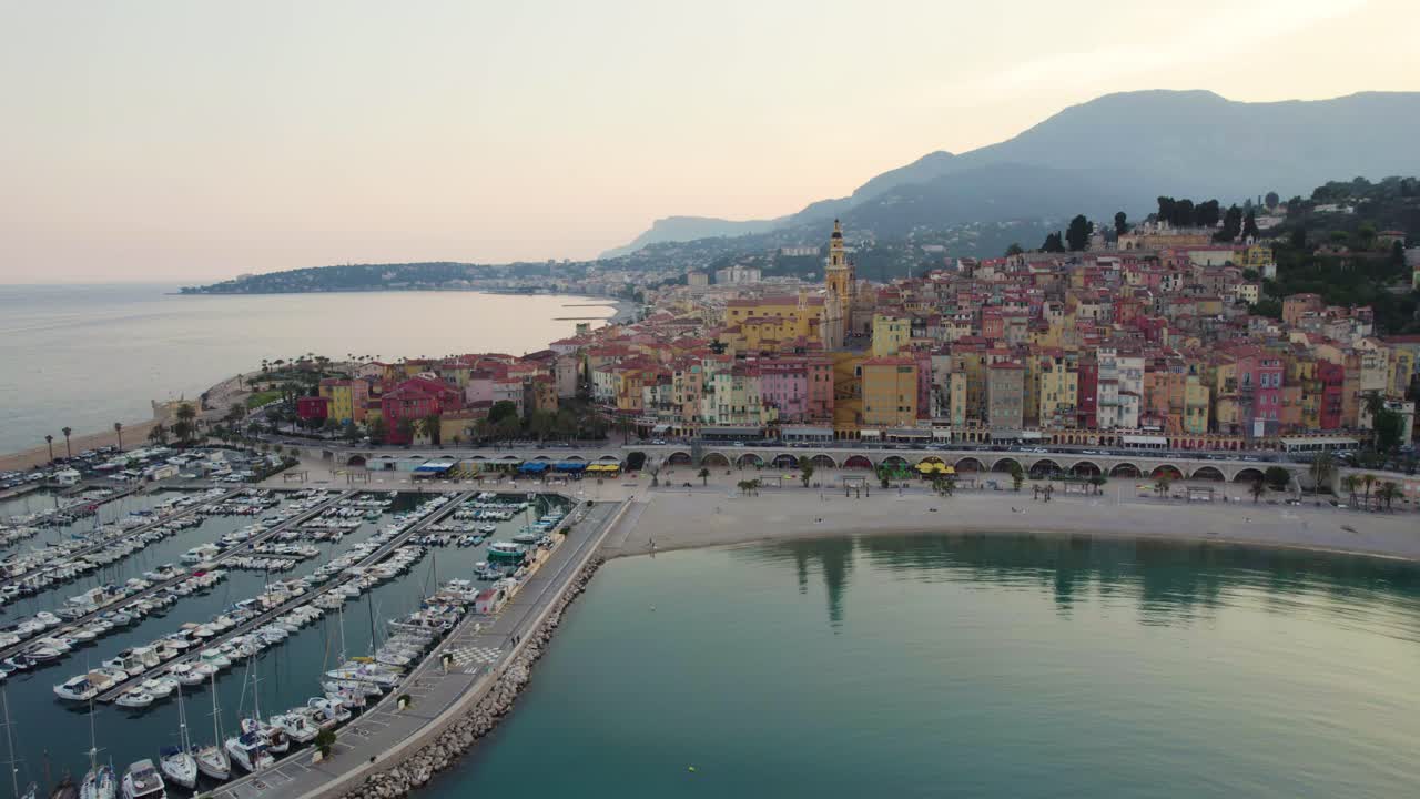 Cote d'azur City Coastline of Menton, France in the French Riviera, Aerial