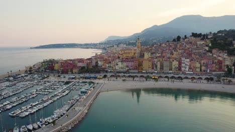 Cote-d'azur-City-Coastline-of-Menton,-France-in-the-French-Riviera,-Aerial