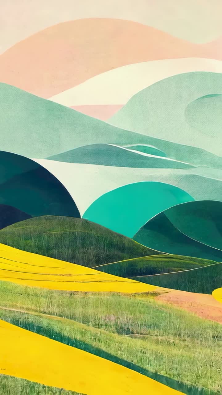 Vertical video: Displaying scene of hills and yellow fields beneath pastel gradient sky on start