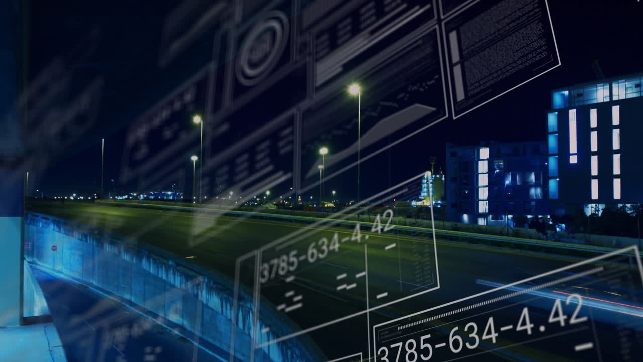 Digital data and schematics animation over night cityscape with light trails