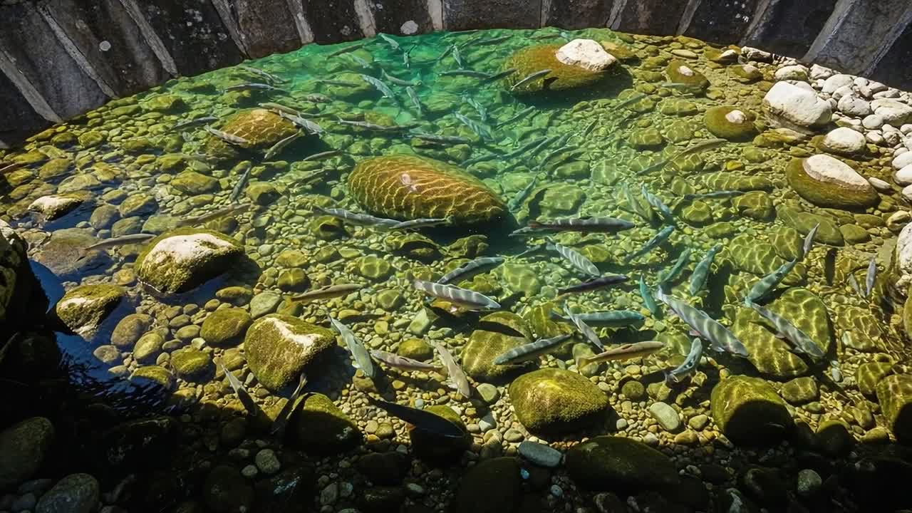 A Serene Underwater Habitat Showcasing a Diversity of Fish and Natural Rock Formations Beneath Crystal Clear Water in a Tranquil Aquatic Environment