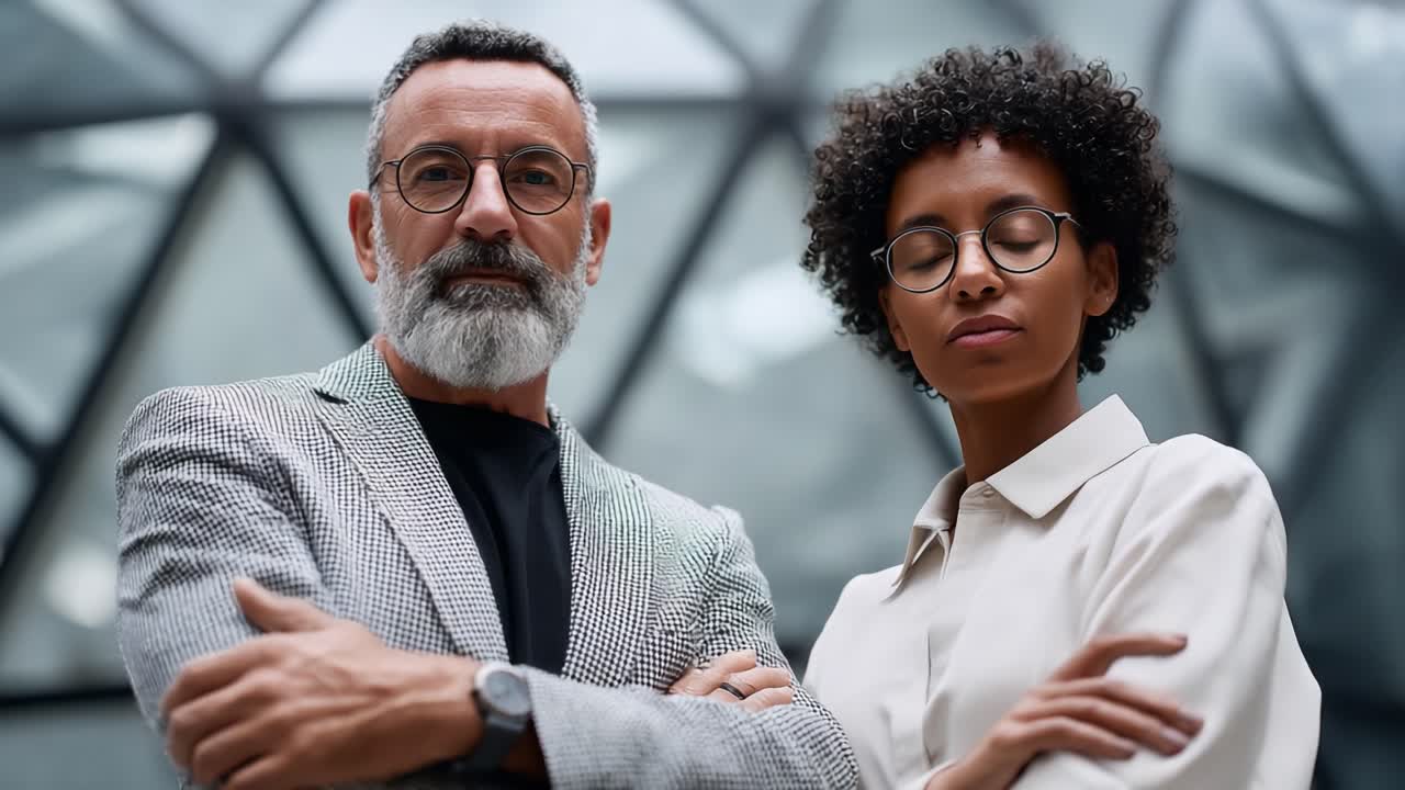A Dynamic Duo: Stylish Elderly Man and Confident Young Woman Pose Together in Contemporary Urban Space with Artistic Architecture Background