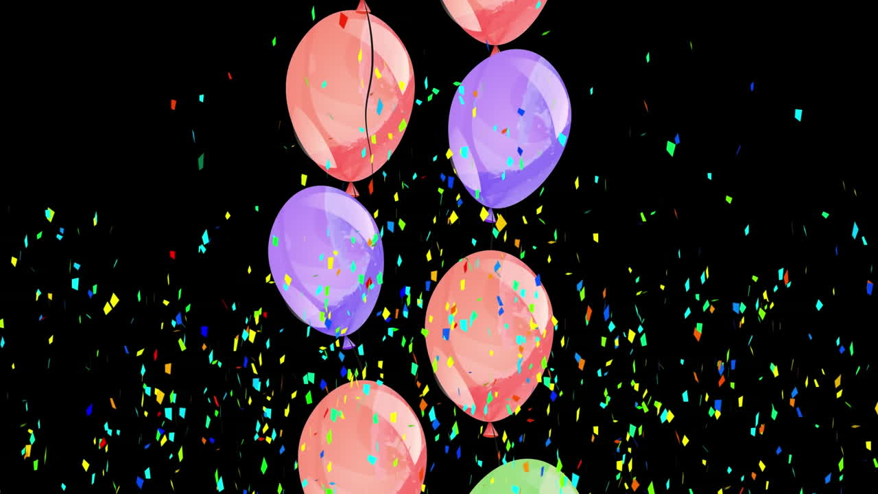 animación de globos coloridos que vuelan y caen confeti sobre un fondo negro