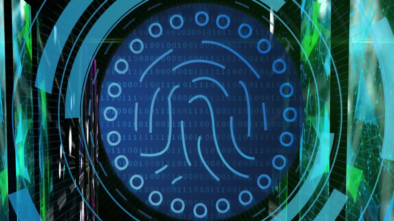 animación de huellas dactilares en círculo sobre formas y espacio digital