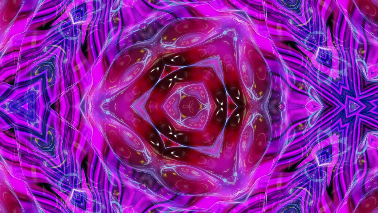 Liquid purple symmetrical pattern like kaleidoscope with waves. 3D stylish looped abstract bg, wavy structure of brilliant liquid glass with beautiful gradient colors. 4k