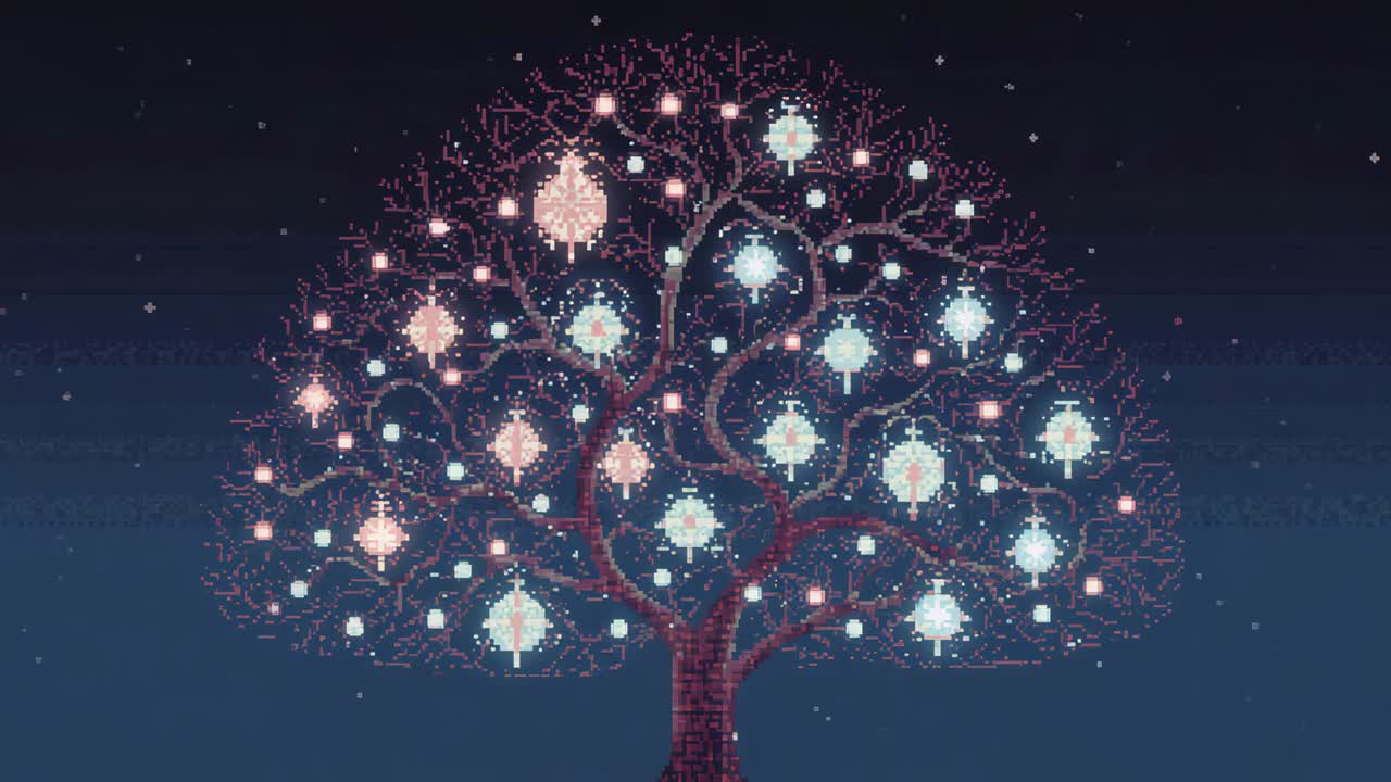 Animating pixel-art tree pulsing lanterns and sparkles in night sky, creating calm glow