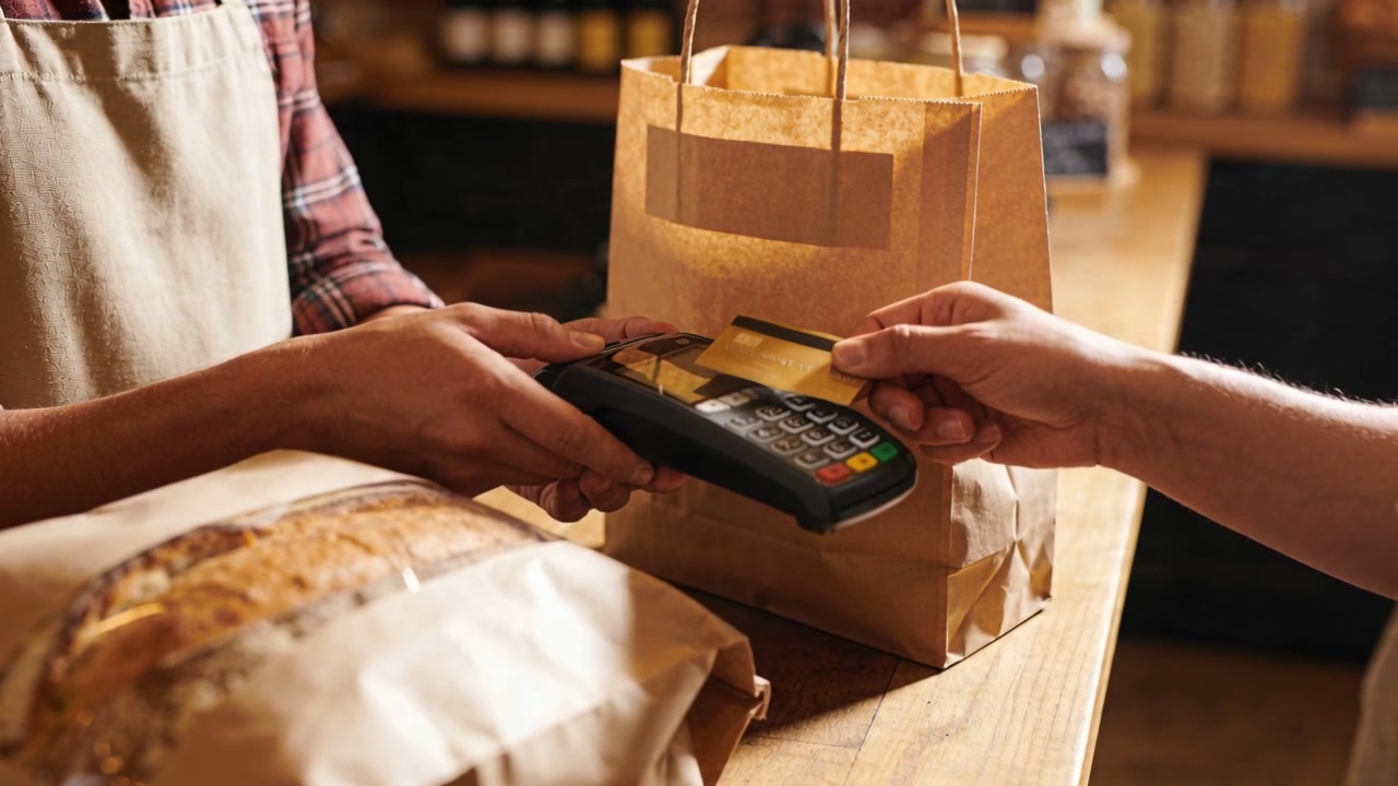Presenting customer handing card to clerk holding terminal at wood counter, paying for bag and loaf