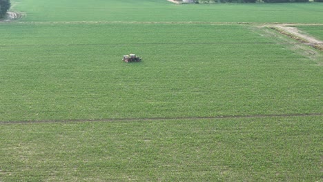 tractor applies crop protection treatments to young green soybean plants growing in expansive cultivated farmland during daytime, slow motion aerial shot