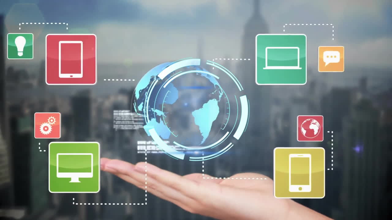 In cityscape, digital globe with technology icons floating over open hand animation