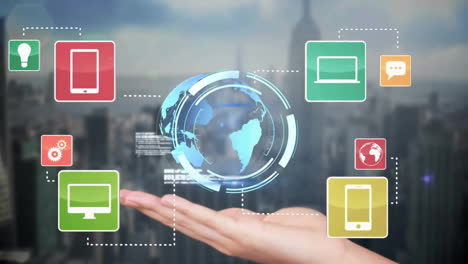 in cityscape, digital globe with technology icons floating over open hand animation