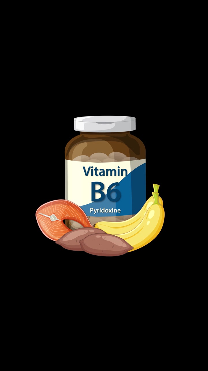 L'etichetta della bottiglia di Vitamina B6 si chiarisce, poi salmone, patata dolce e banana appaiono su sfondo nero