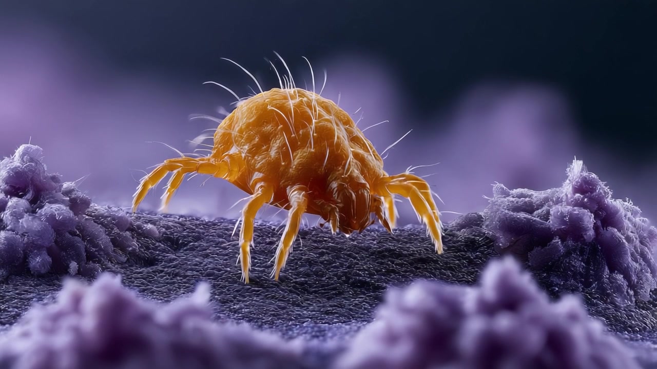 Indviklet nærbillede af en orange mide på en lilla overflade, der afslører detaljer i naturens mikrokosmos.