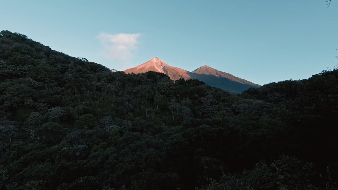 volar a través del follaje del bosque de la selva hacia el pico de la montaña iluminada por el sol brillante, vista aérea fpv