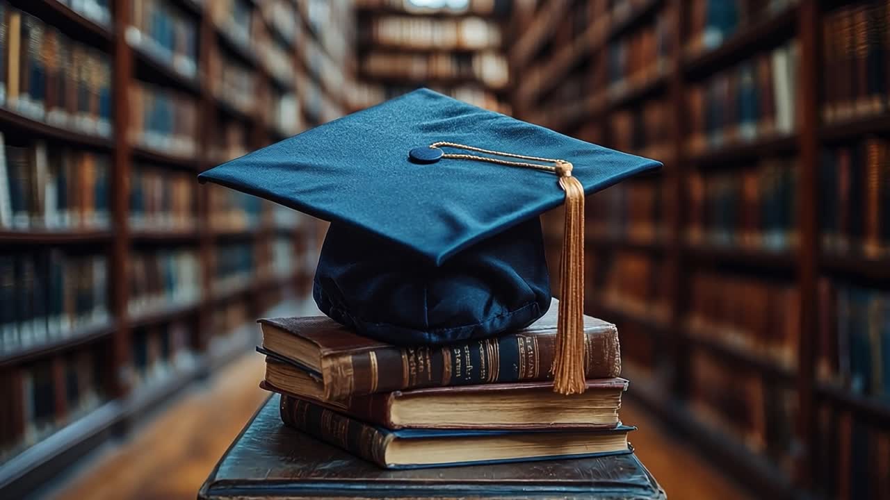 Graduation Cap on Books in Library