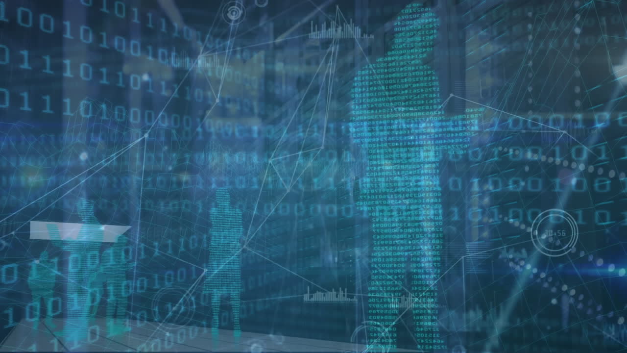 Animation of binary coding, people silhouettes data processing over computer servers