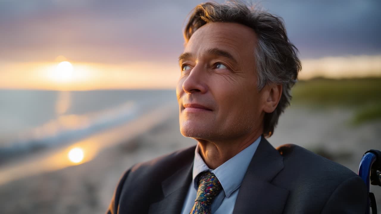 A contemplative man in a suit gazes at a sunset over the beach, embodying tranquility and reflection amidst a serene coastal landscape