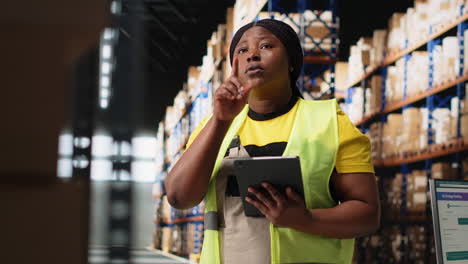 vertical video african american female staff in hi vis vest counts packages on industrial racks