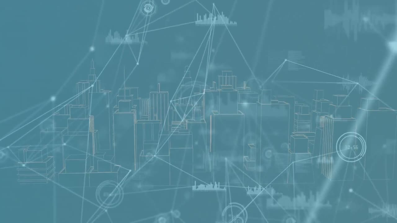 animación de la red de conexiones con procesamiento de datos sobre la ciudad digital sobre fondo azul