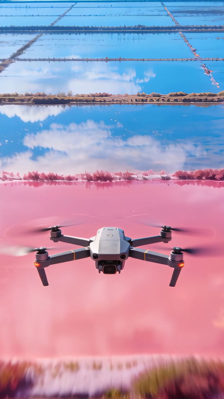 Vertical video: After takeoff compact drone flying over pink and blue ponds, mirroring clouds