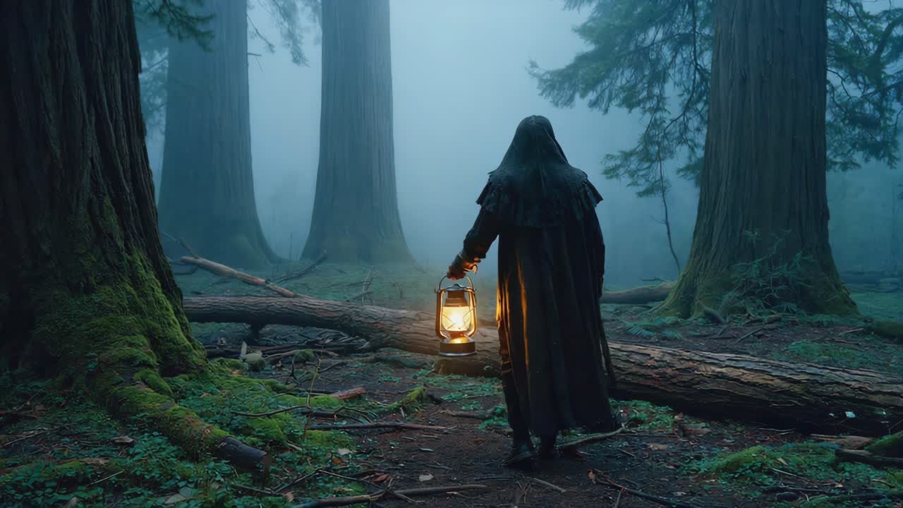 A Hooded Figure with a Lantern in a Misty Forest