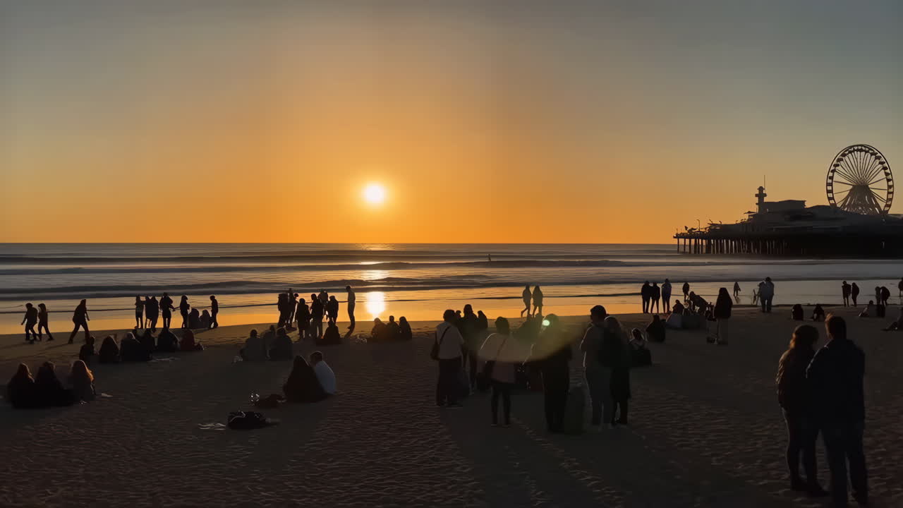 Sunset at Santa Monica Beach with Pier and People