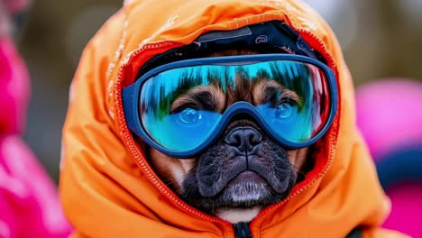 a dog wearing a jacket and goggles in the snow