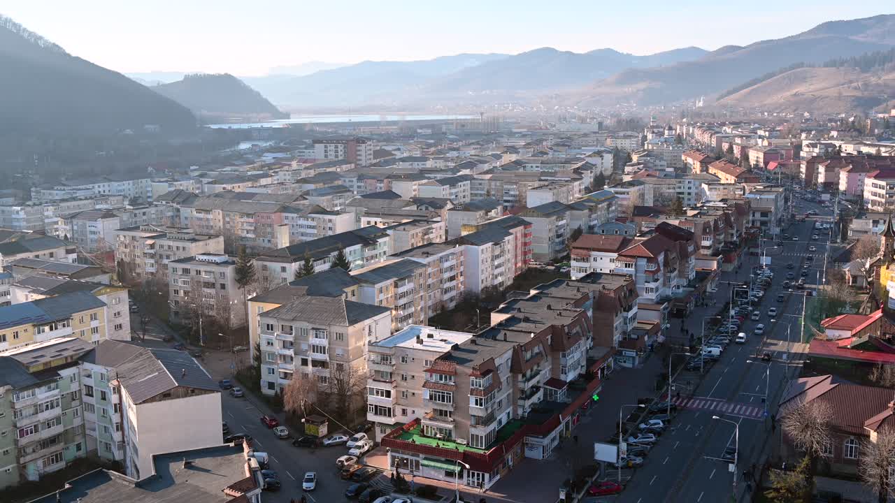 Aerial drone view of Piatra Neamt, Romania on a sunny day