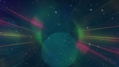 abstract light beams radiating inward in flat design, showing lens flare and floating particles