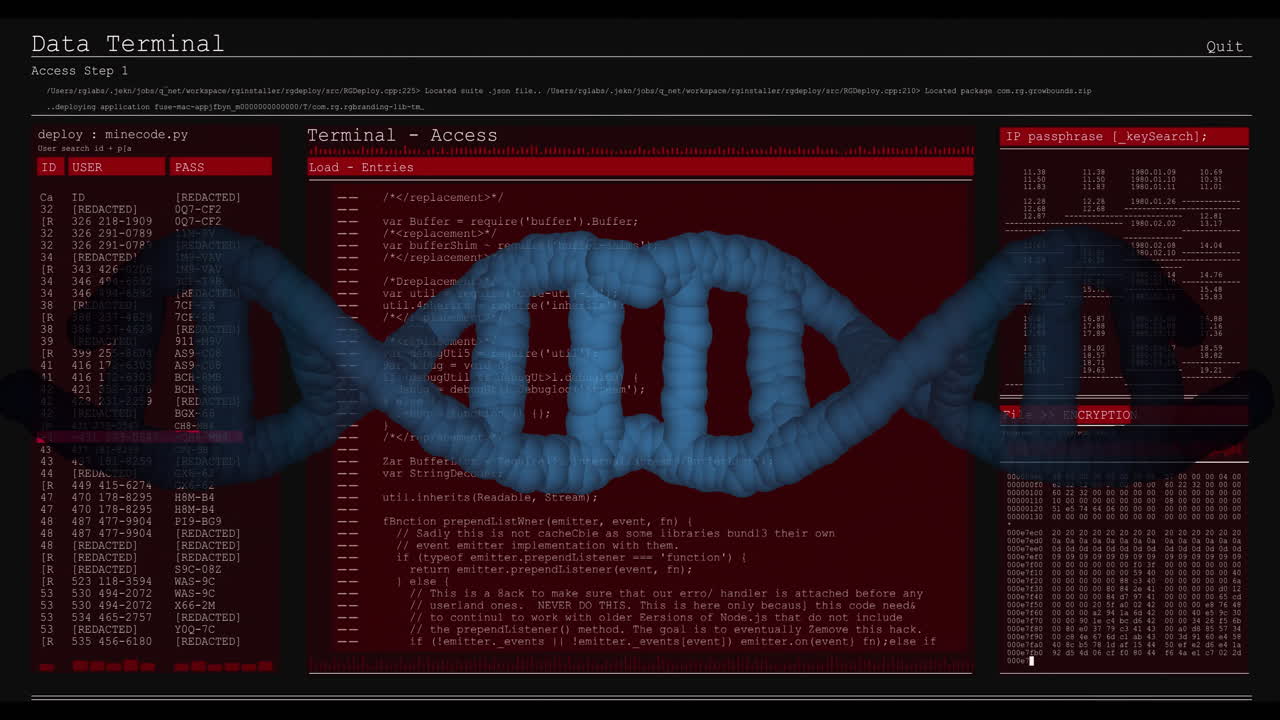 Animation of DNA strand overlaying computer code on red terminal screen