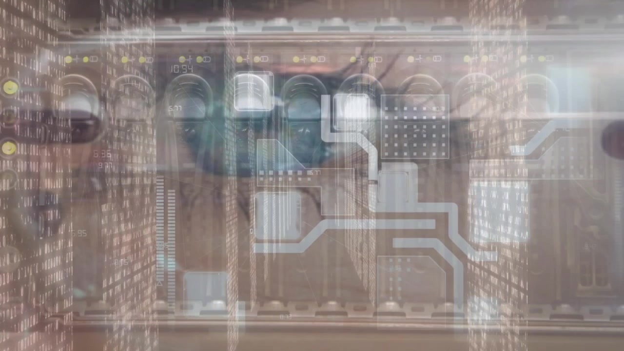 Animation of data processing over close of female eye against close up of a computer server