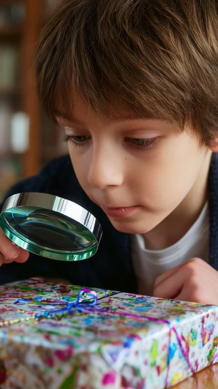 A Young Boy Curiously Examining a Colorfully Wrapped Gift Using a Magnifying Glass, Captivated by the Intricacies of the Wrapping and the Potential Surprises Hidden Inside