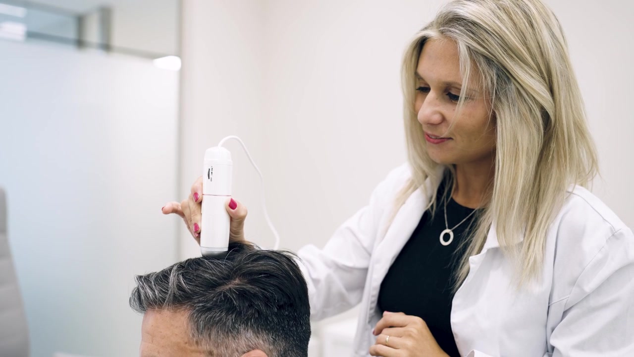Dermatologist Examining Patient Scalp with Digital Trichoscope in Clinic